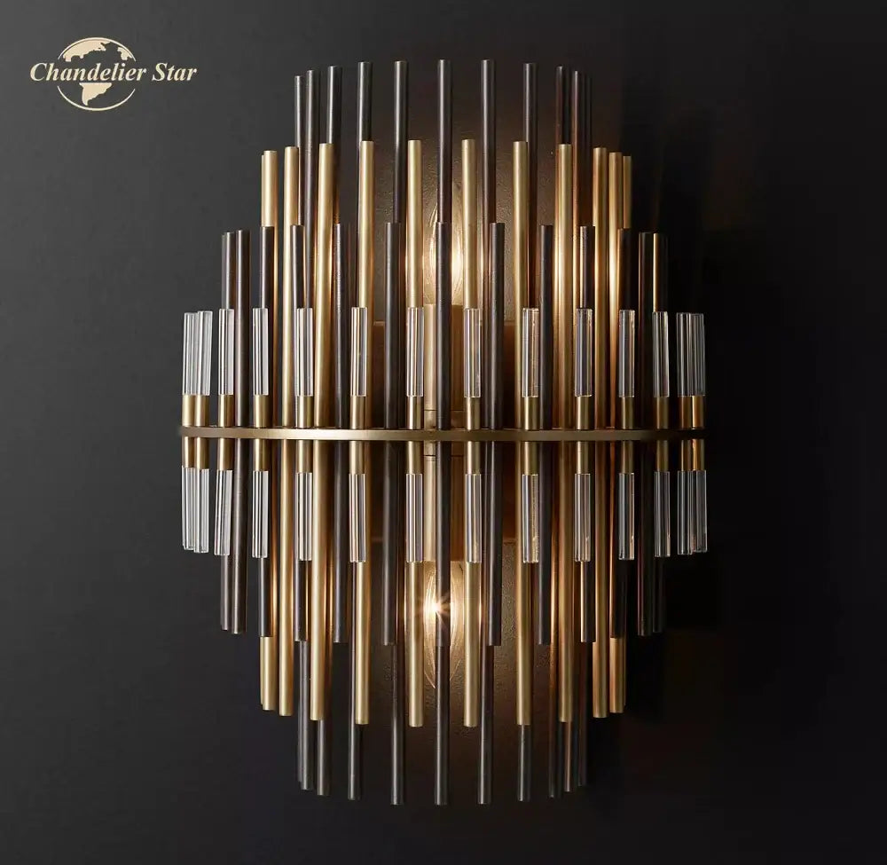 Modern decorbites led sconce lamp with vertical brass and matte black rods and clear glass for bedroom and living room lighting