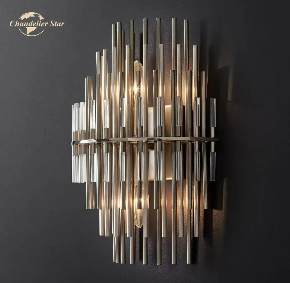 Modern metallic decorbites led sconce with vertical rods and clear glass accents for bedroom and living room lighting