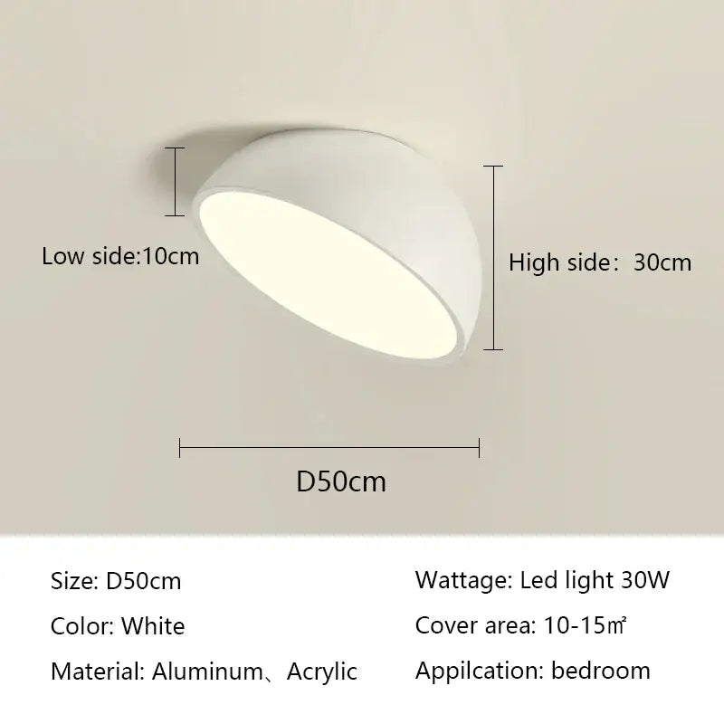 White modern decorbites led semicircular ceiling light with sleek aluminum and acrylic dome for bedroom and balcony lighting