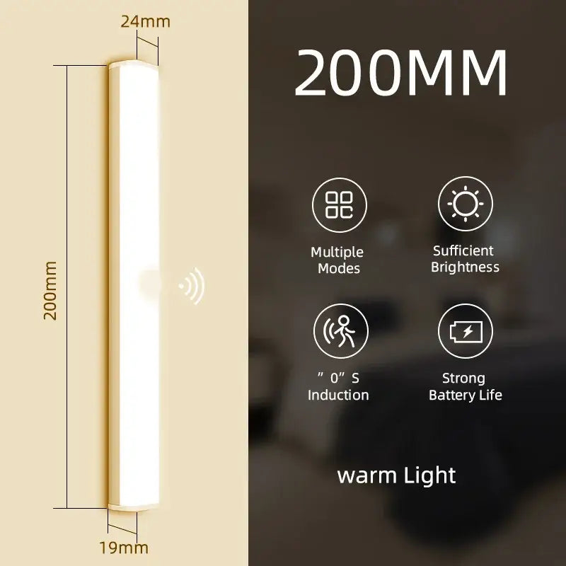 A sleek 200mm long decorbites led sensor wall-mounted cabinet light with warm white glow and slim profile for home use