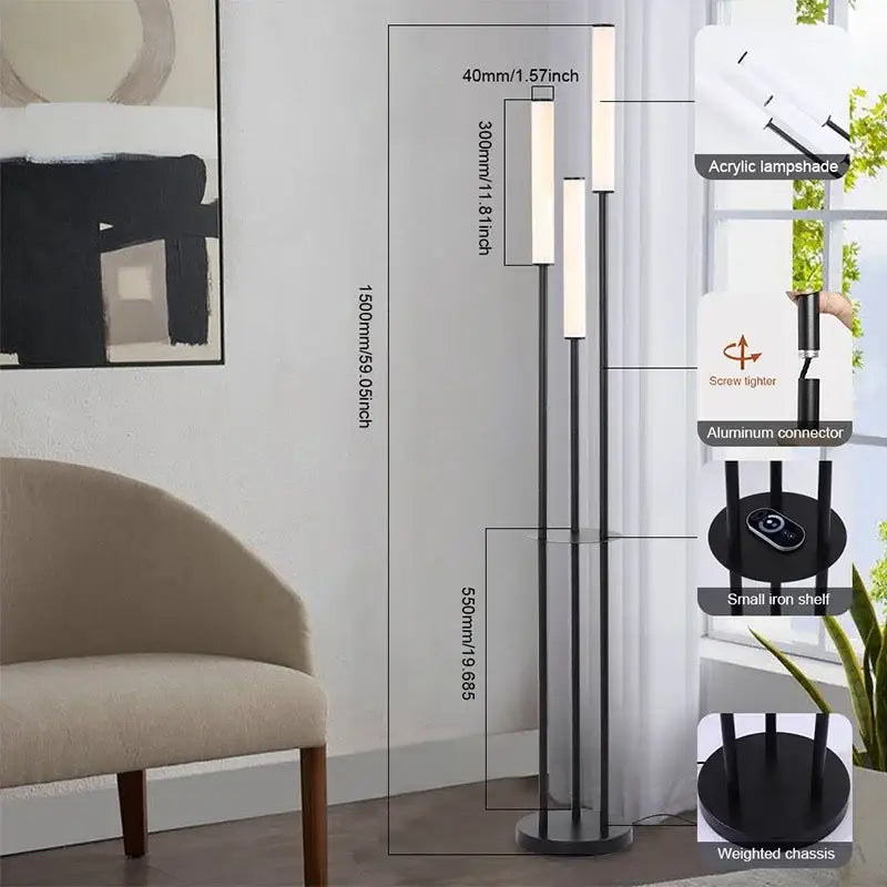 Modern black floor lamp with three tiered acrylic shades and aluminum base for decorbites led shelf room lighting
