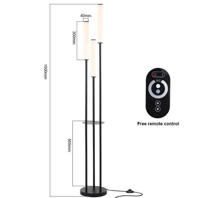 Black metal floor lamp with three vertical cylindrical lights and remote control by decorbites led shelf lighting