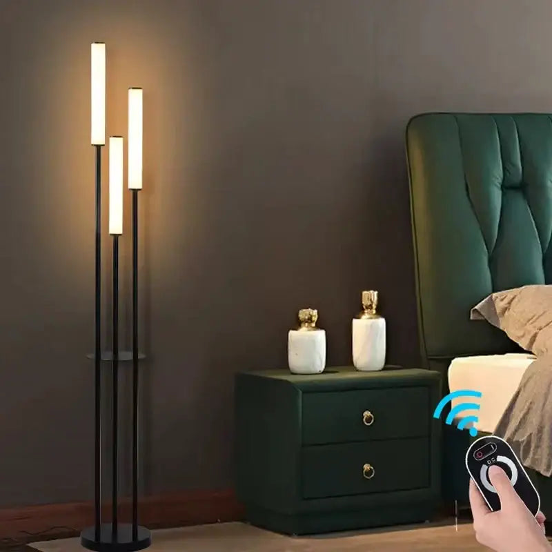Modern black decorbites led floor lamp with three vertical illuminated panels and dimmable remote control lighting