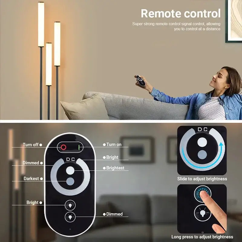 Black remote control with white circular buttons for brightness and power adjustment for decorbites led shelf floor lamp