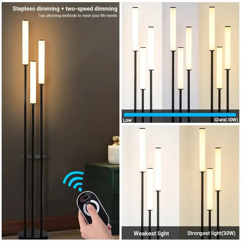 Black modern floor lamp decorbites led shelf with three vertical led bars and adjustable dimming remote control lighting