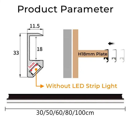 Black metal channel with 18mm height 33mm width and 5mm thickness for DecorBites™ led shelf light aluminum profile