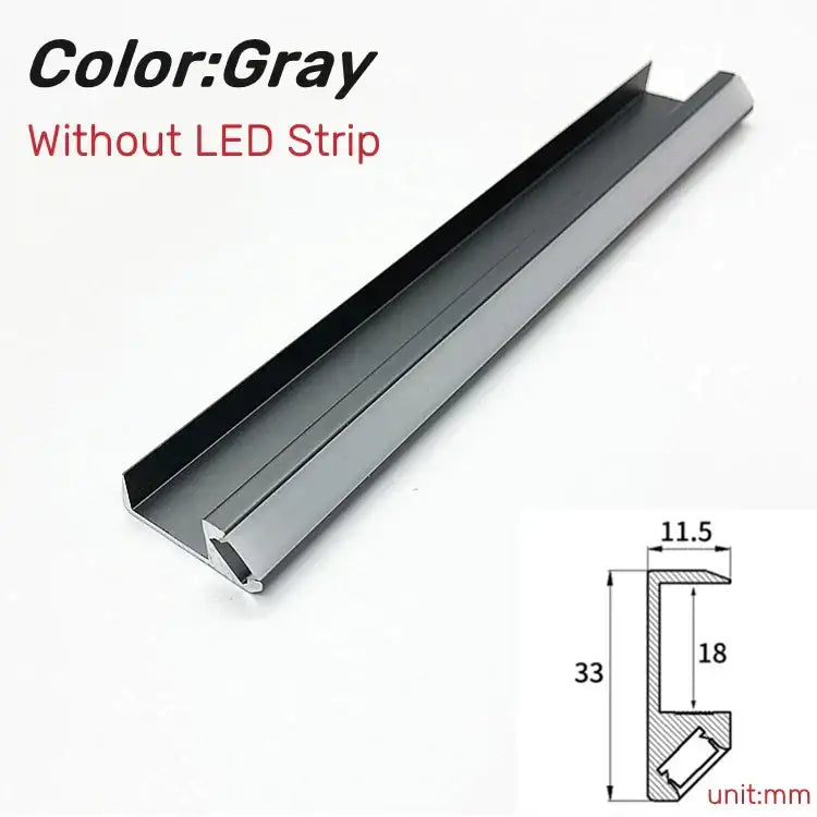 Gray aluminum led shelf light track 33mm high with u-shaped recessed profile for cabinets and closets
