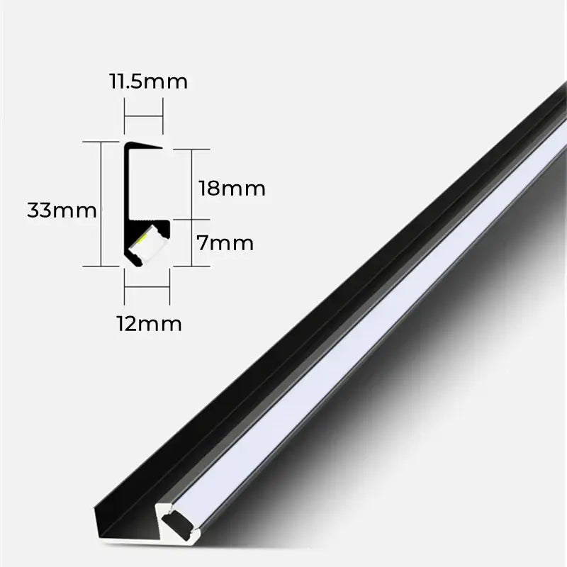 Black aluminum led shelf light with recessed profile and precise dimensions for cabinets and closets by decorbites