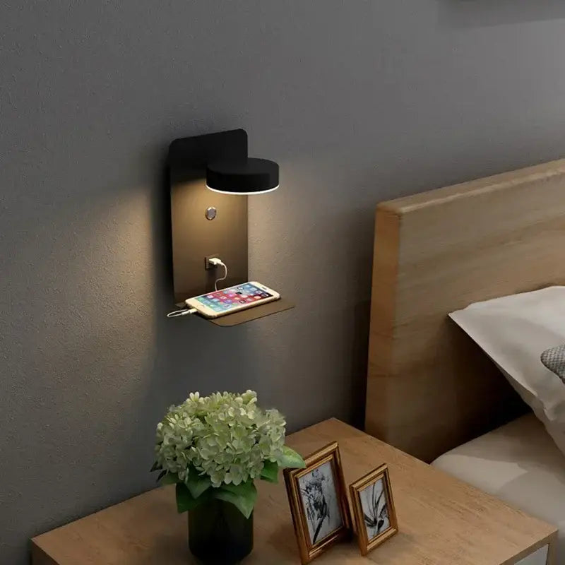 Black decorbites led shelf wall lamp with circular light fixture and integrated usb charging port and switch