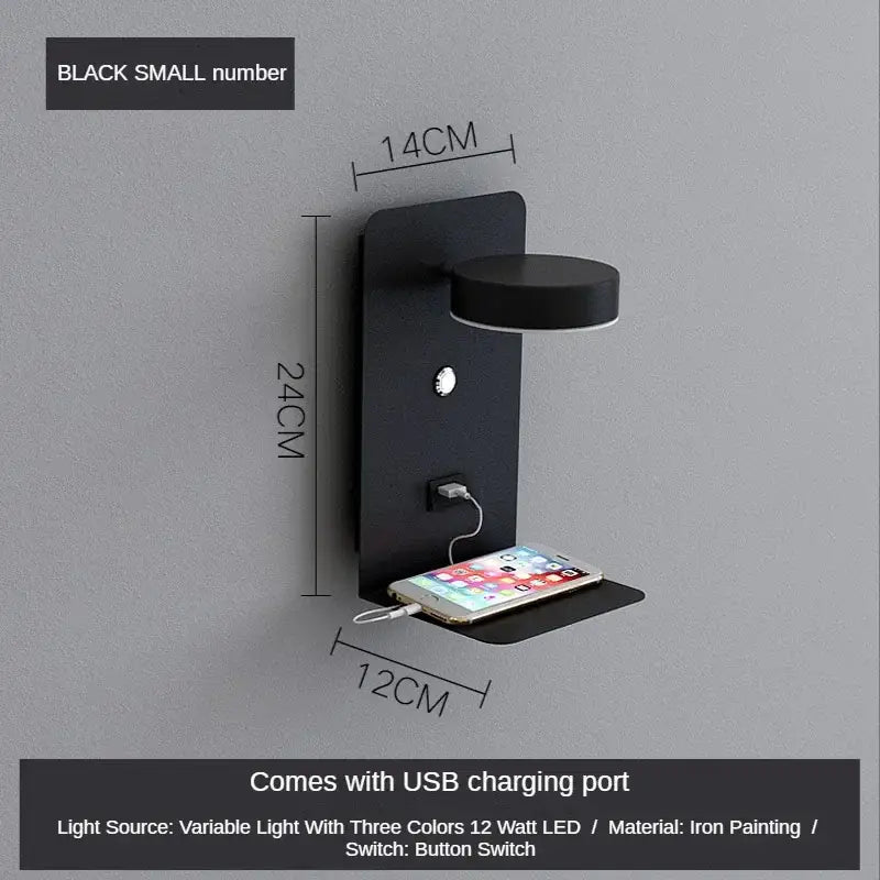 Black decorbites led shelf wall lamp with circular light head and integrated usb charging port and switch