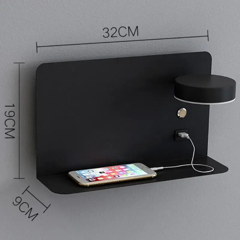 Black wall lamp decorbites led shelf with usb charging port and integrated led light mounted on wall for phone charging
