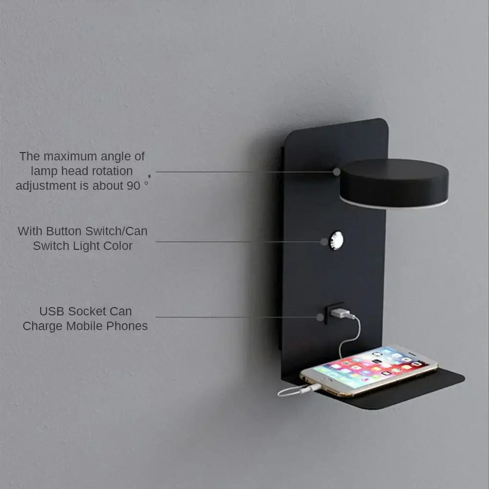Black decorbites led shelf wall lamp with adjustable head usb charging port and wall-mounted design