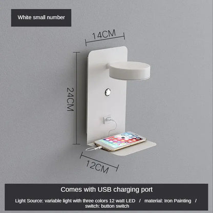 White DecorBites LED shelf wall lamp with circular light head and integrated USB charging port and switch