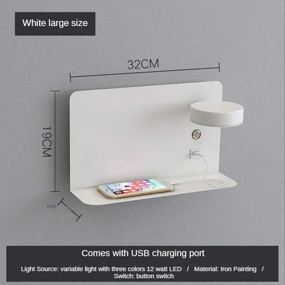 White wall-mounted decorbites led shelf wall lamp with built-in led light and usb charging port for phones