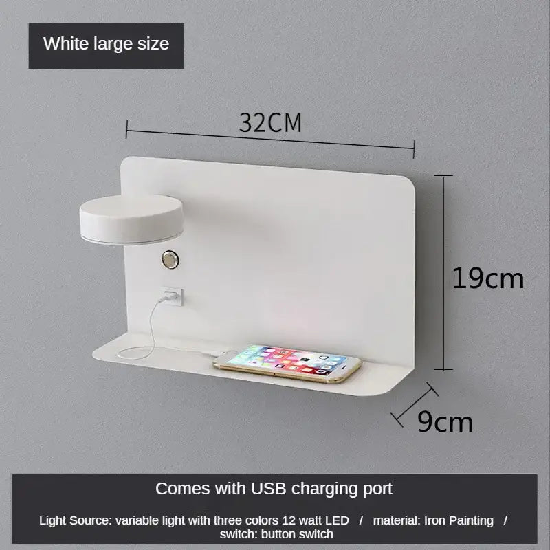 White wall-mounted decorbites led shelf wall lamp with usb charging port and integrated led light for phone charging