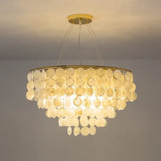 A decorbites led shell chandelier with cascading translucent circular shell discs and a gold chrome metal frame ceiling light