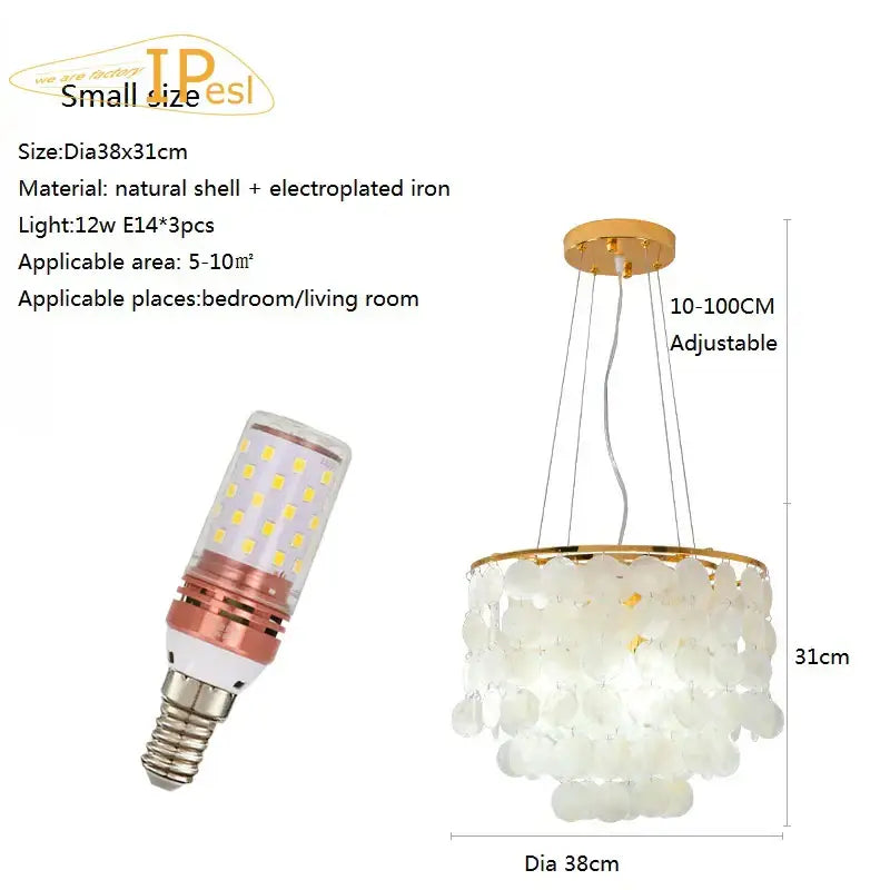 Decorbites led shell chandelier featuring a delicate tiered design with golden rim and cascading white shell discs
