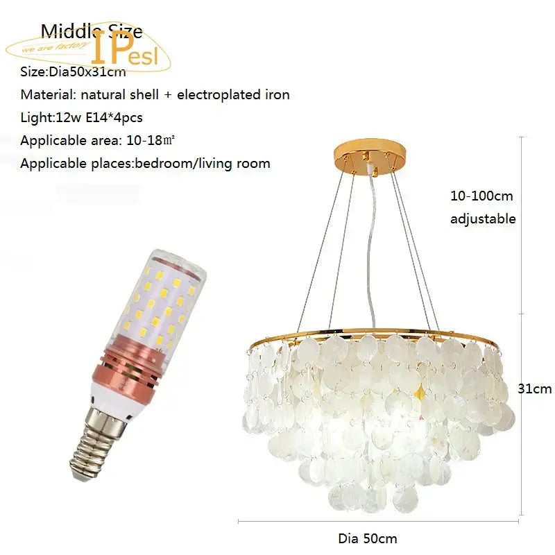 Elegant gold-toned decorbites led shell chandelier with cascading natural shells for bedroom or living room ambiance
