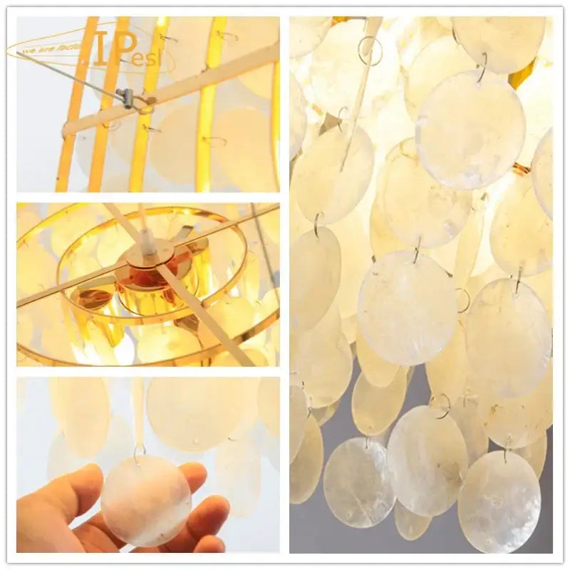 Decorbites led shell chandelier featuring a delicate white shell design with a gold chrome metal frame and hanging discs
