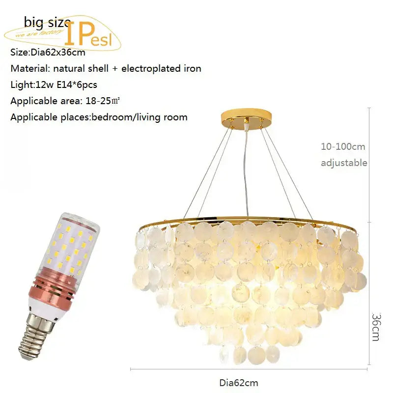 Elegant DecorBites LED shell chandelier with white shells and gold chrome frame with adjustable hanging chains