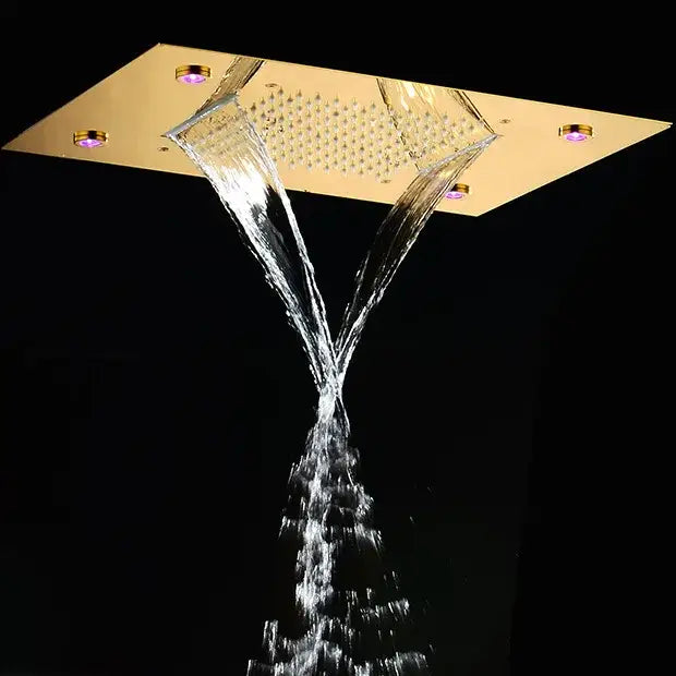 Gold-colored square decorbites led shower faucet with integrated led lights and dual waterfall streams ceiling mount