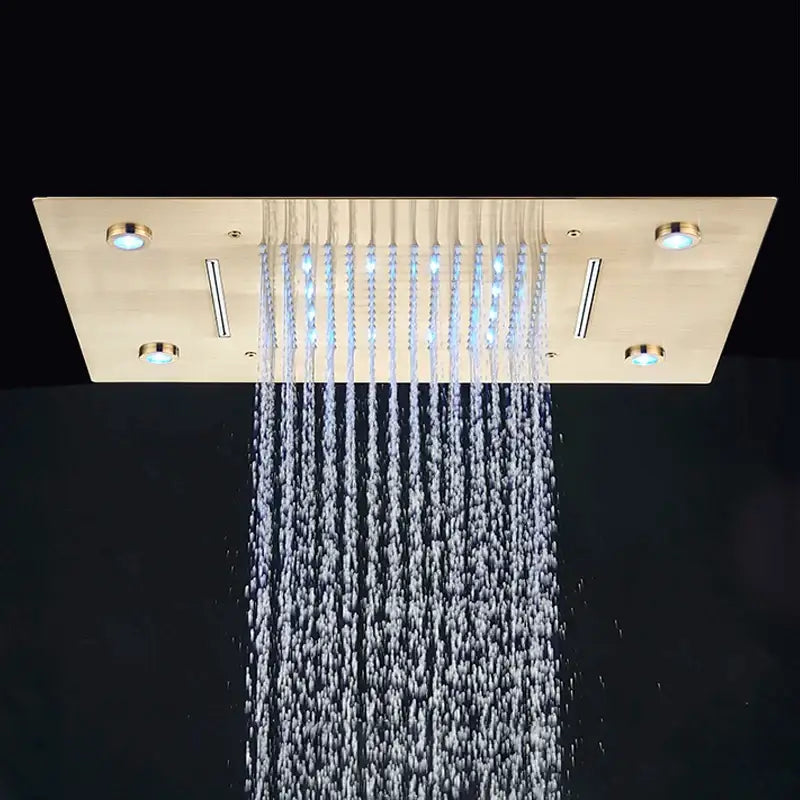 Gold-colored rectangular decorbites led shower faucet with multiple water streams and integrated led lights ceiling mount