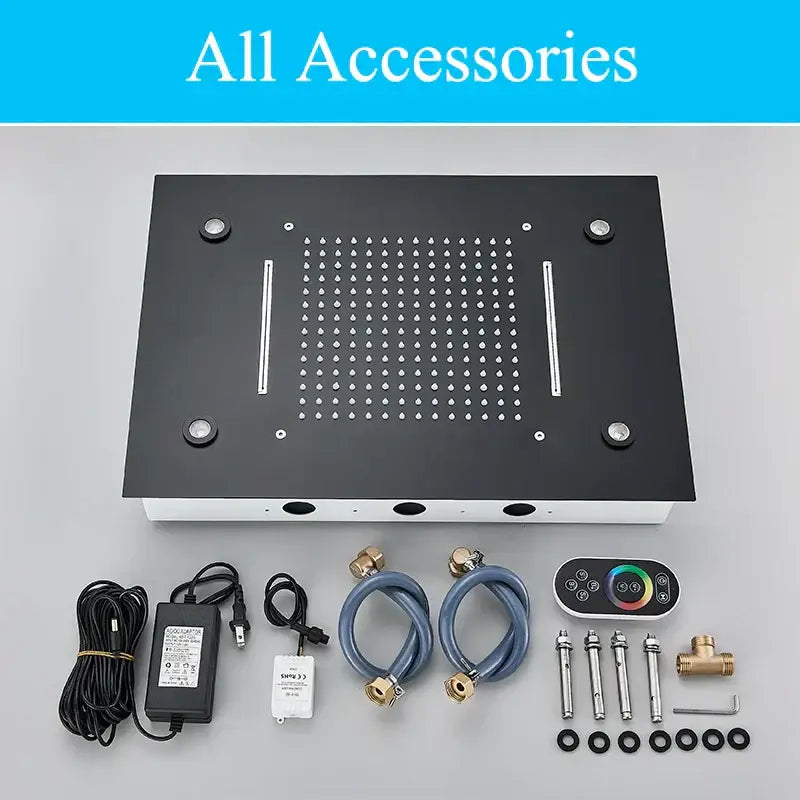 Black rectangular decorbites led shower faucet panel with water jets and accessories including rgb remote and mounting hardware