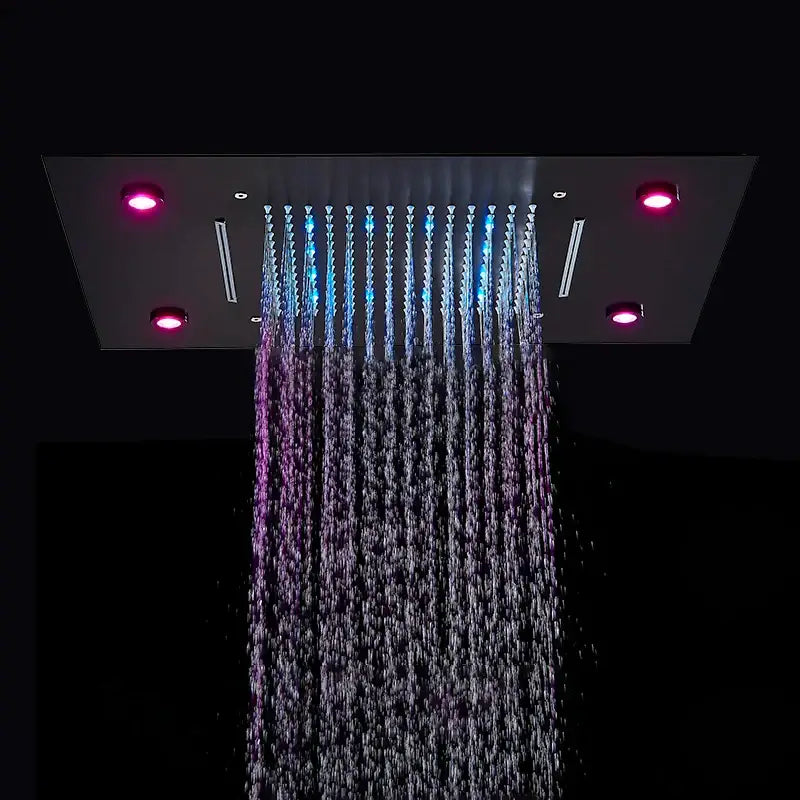 Rectangular chrome-finished decorbites led shower faucet with integrated blue and pink led lighting for ceiling mount use