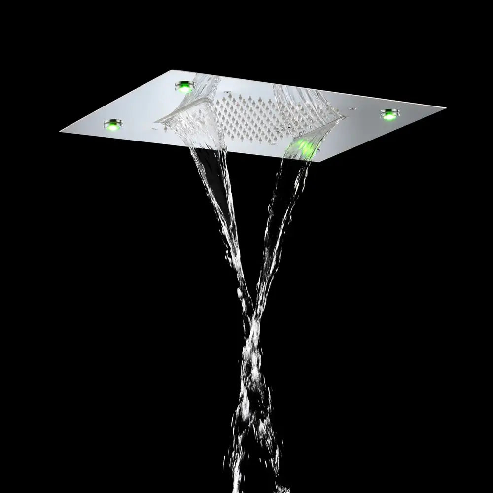 A sleek chrome decorbites led shower faucet with green led lights and waterfall rainfall water flow ceiling mount