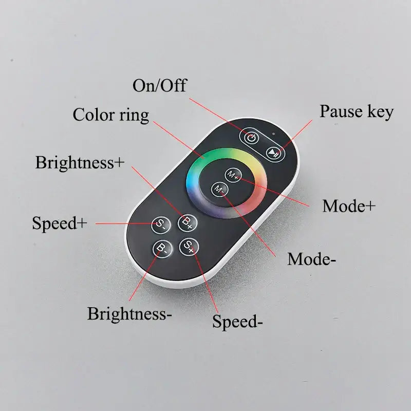 Black and white remote control with colorful ring for adjusting led light settings in decorbites led shower faucet set