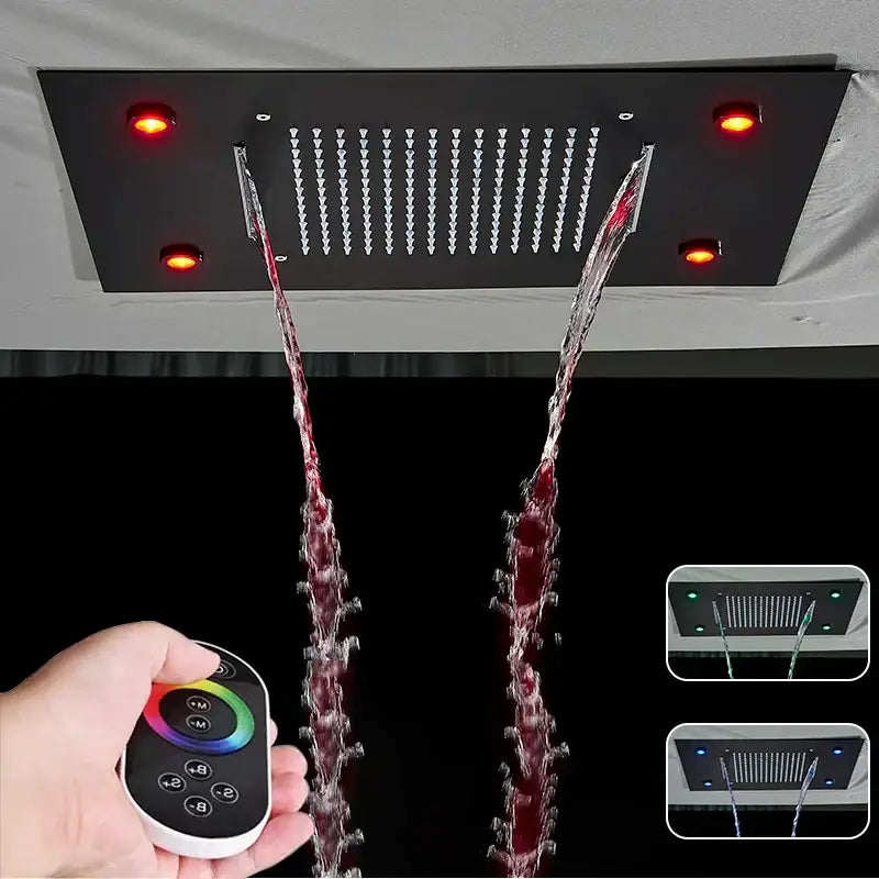 Black rectangular decorbites led shower faucet with integrated led lights and dual waterfall streams ceiling mount rainfall head