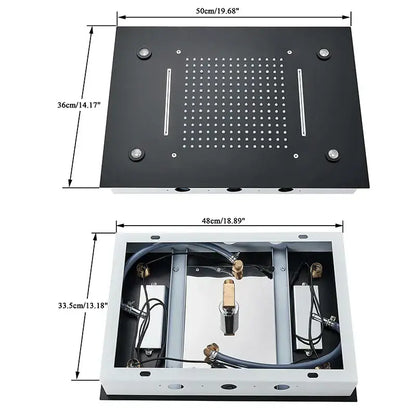 Black rectangular decorbites led shower faucet panel with spray nozzles and two vertical strips mounted on white housing