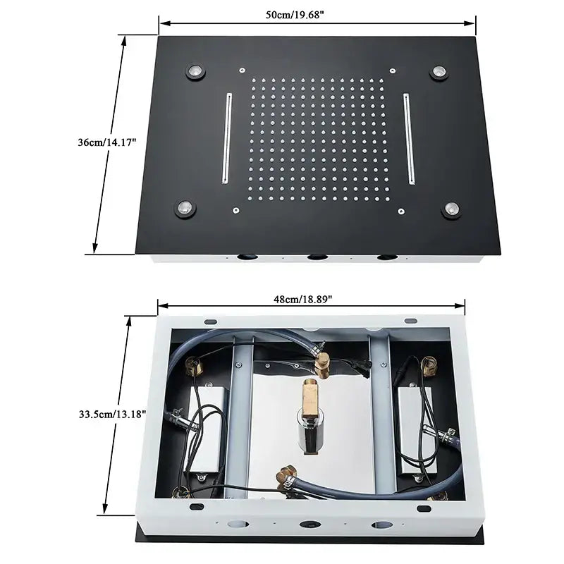 Black rectangular decorbites led shower faucet panel with spray nozzles and two vertical strips mounted on white housing