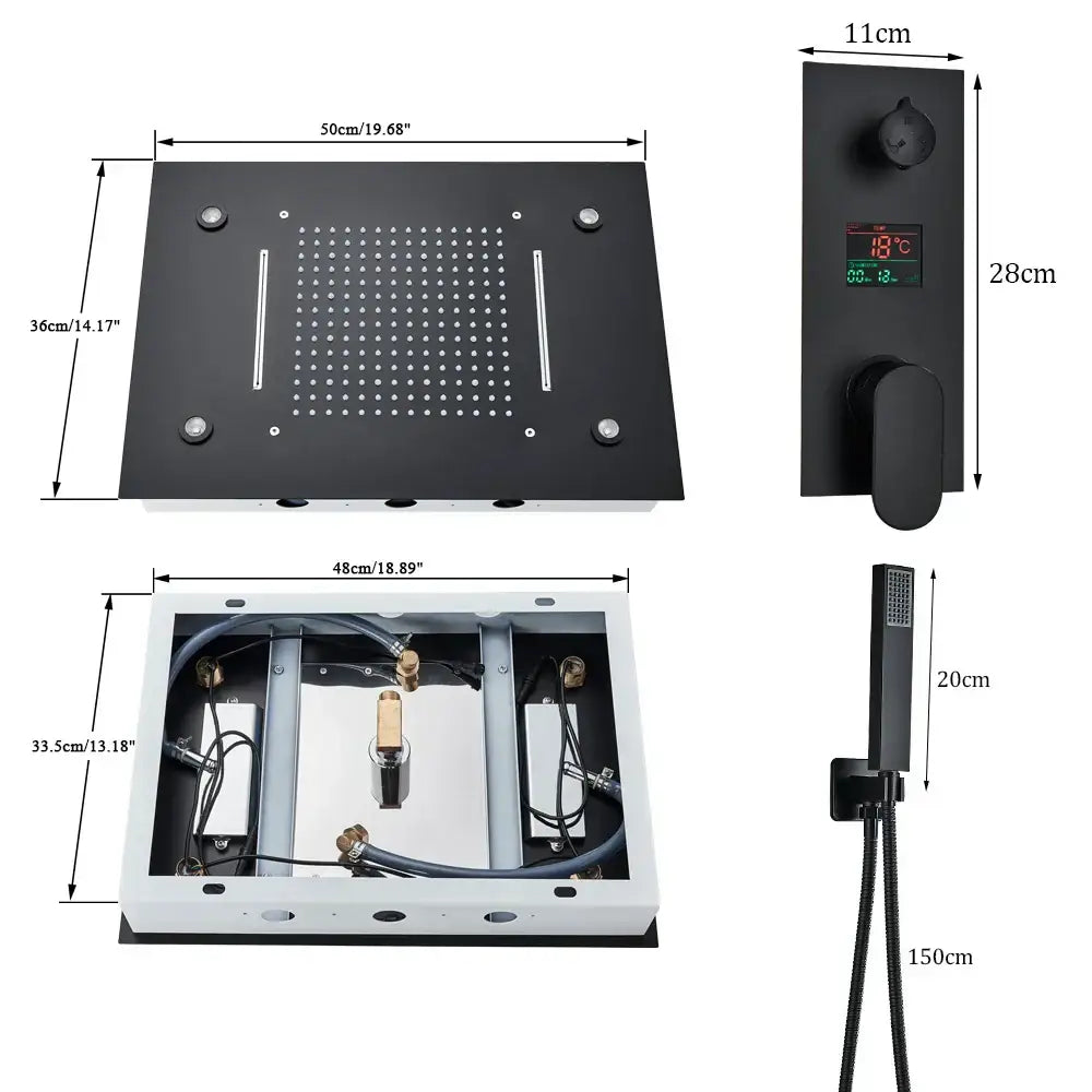 Black matte decorbites led shower faucet set with integrated rainhead handheld spray and digital temperature control panel