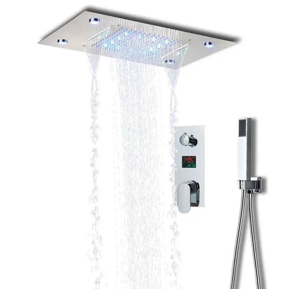 Modern chrome finished rectangular decorbites led shower faucet set with integrated led lighting and digital temperature display