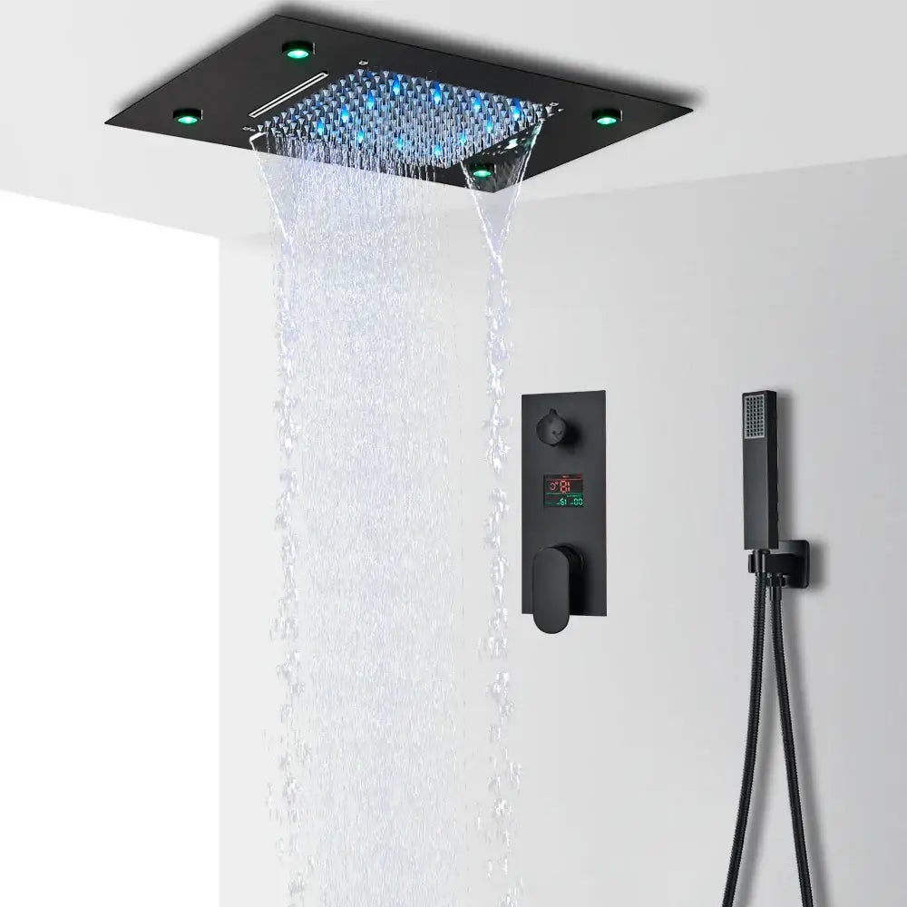 Black square rain shower head with blue LED lights and multiple jets from DecorBites LED shower faucet set