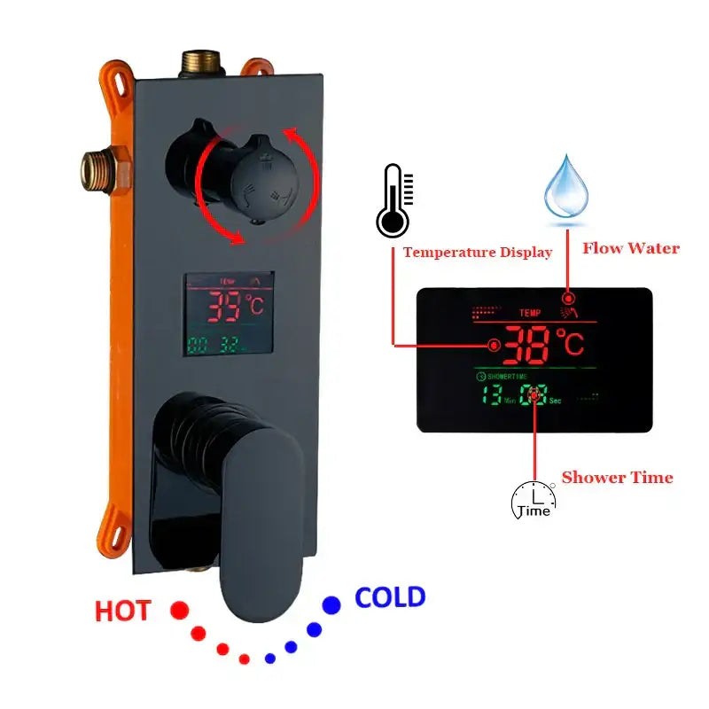 Modern black decorbites led shower faucet set with orange mounting brackets and temperature display showing 38 c