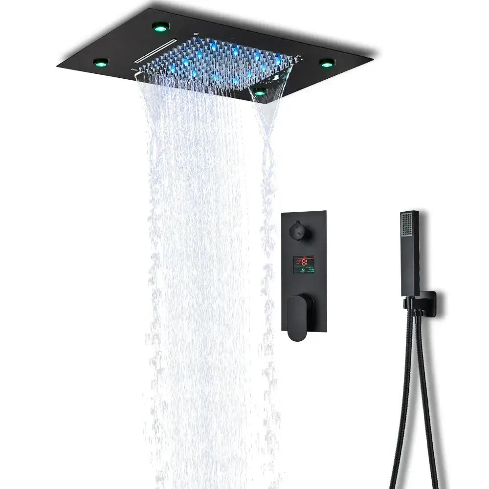 Black square rain shower head with blue LED lights and multiple jets from DecorBites led shower faucet set