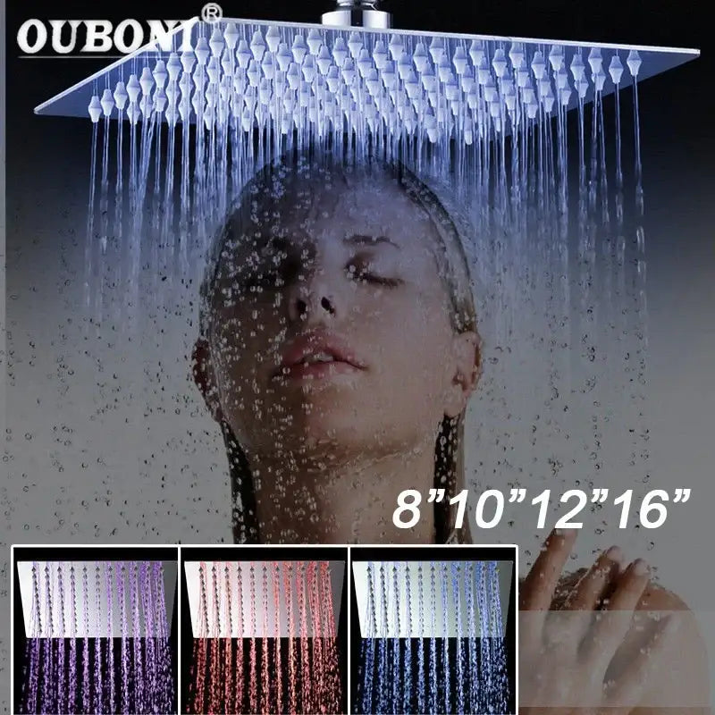 Silver square DecorBites™ LED shower head with crystal-like droplets and 3 color temperature control lights ultra thin design