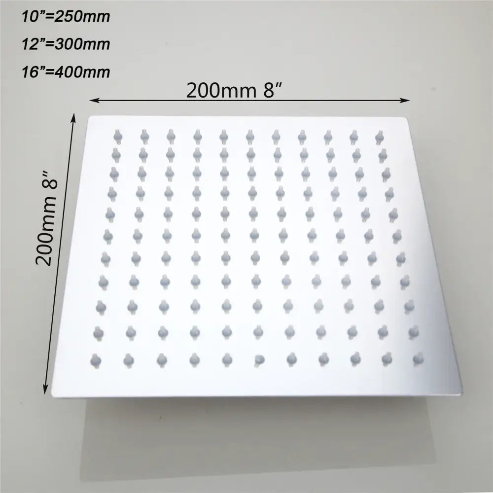Square white DecorBites™ LED shower head with temperature control and evenly spaced rounded nozzles for a modern led shower experience