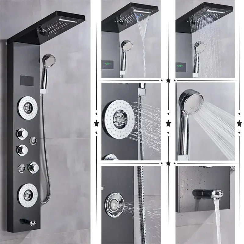 Black and chrome DecorBites led shower panel with multiple spray heads control knobs and digital temperature screen