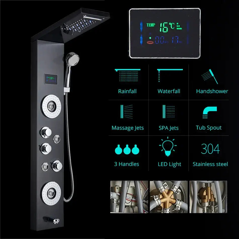 Black stainless steel DecorBites LED shower panel with digital temperature screen and multiple spray settings