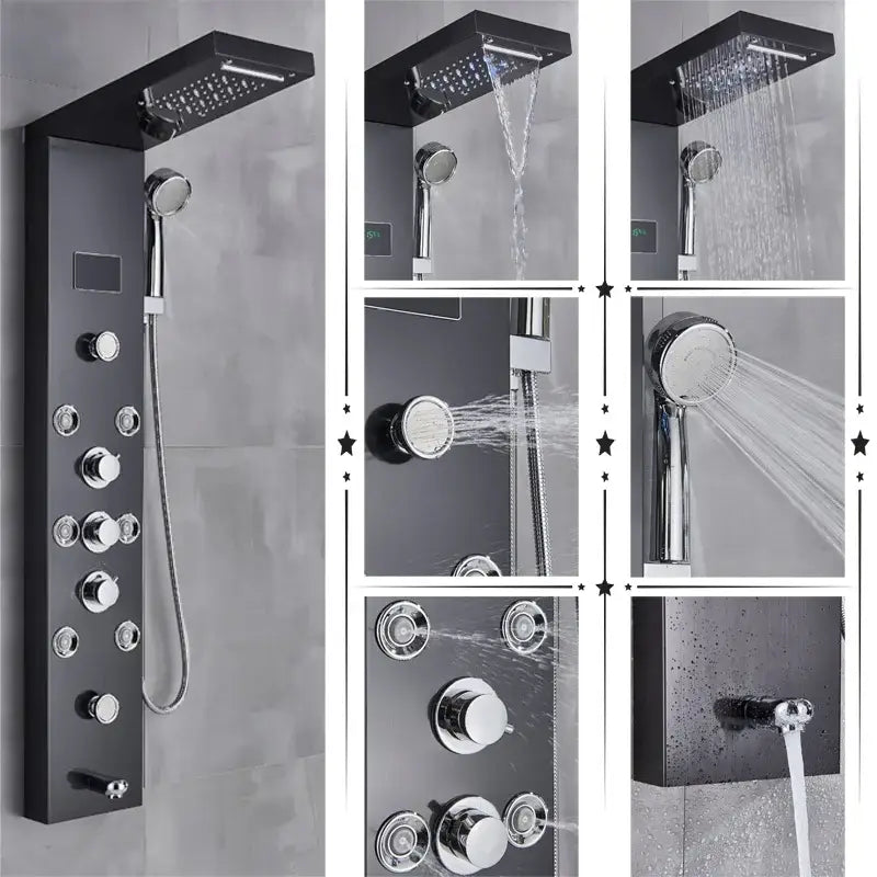 Black matte finish DecorBites LED shower panel with chrome accents, multiple spray heads, and temperature screen massage