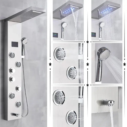 Modern chrome-finished decorbites led shower panel with multiple spray heads and digital temperature screen massage
