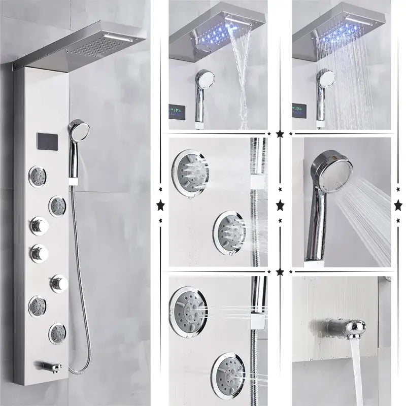 Modern chrome-finished decorbites led shower panel with multiple spray heads and digital temperature screen massage