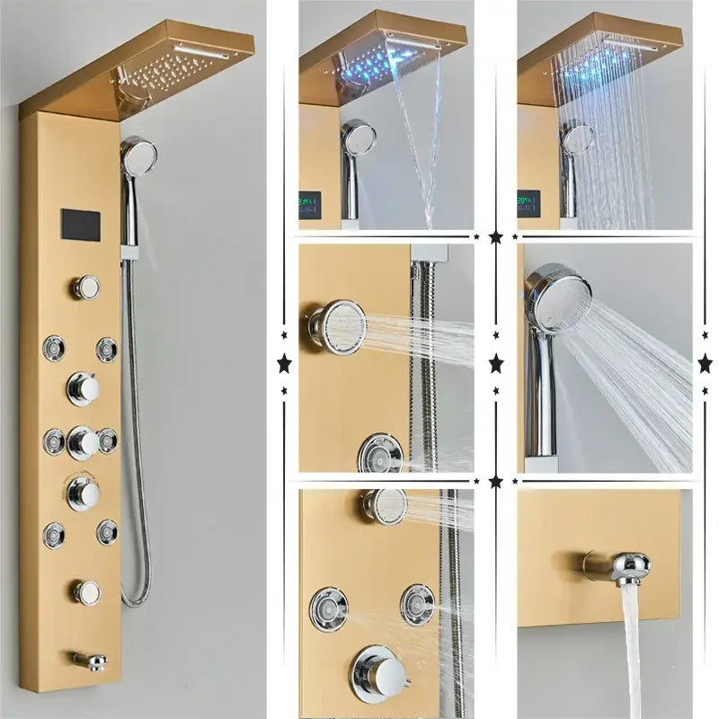 Gold-finished decorbites led shower panel with multiple spray settings and digital temperature display for bathtub use