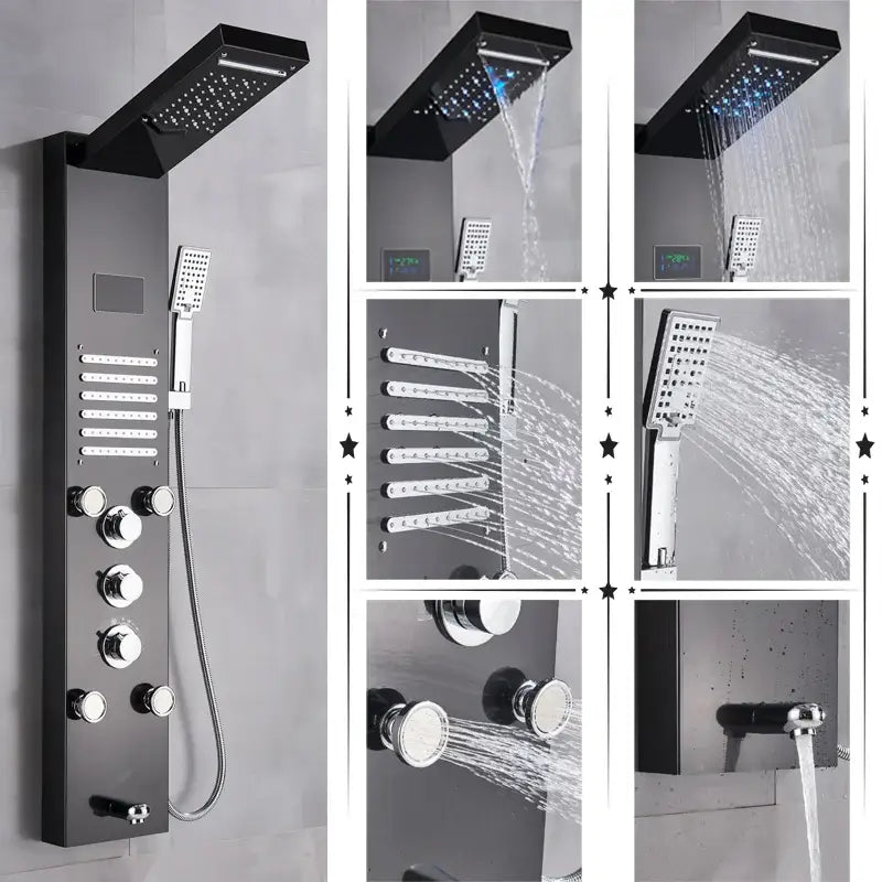 Black modern decorbites led shower panel with chrome accents and multiple spray settings and temperature screen
