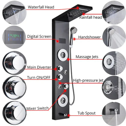 Black chrome finished decorbites led shower panel with waterfall heads massage jets and digital temperature screen