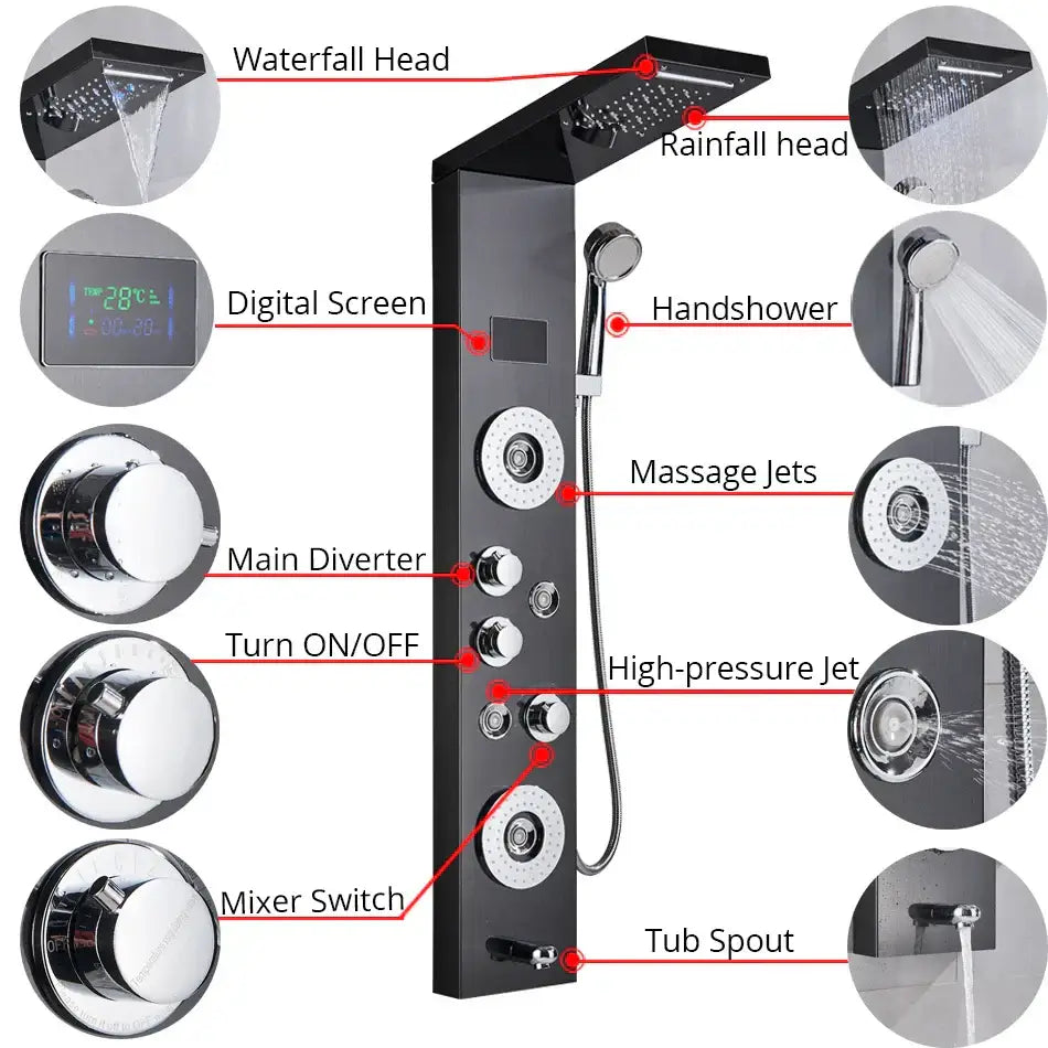 Black chrome finished decorbites led shower panel with waterfall heads massage jets and digital temperature screen