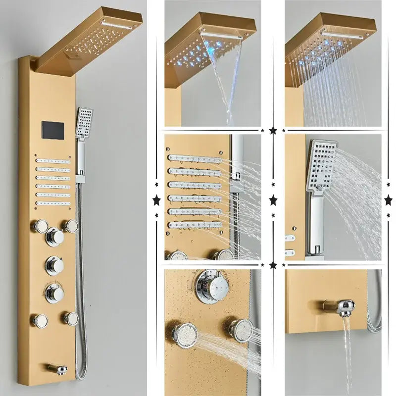 Gold-finished decorbites led shower panel with multiple spray heads and control knobs including temperature screen massage